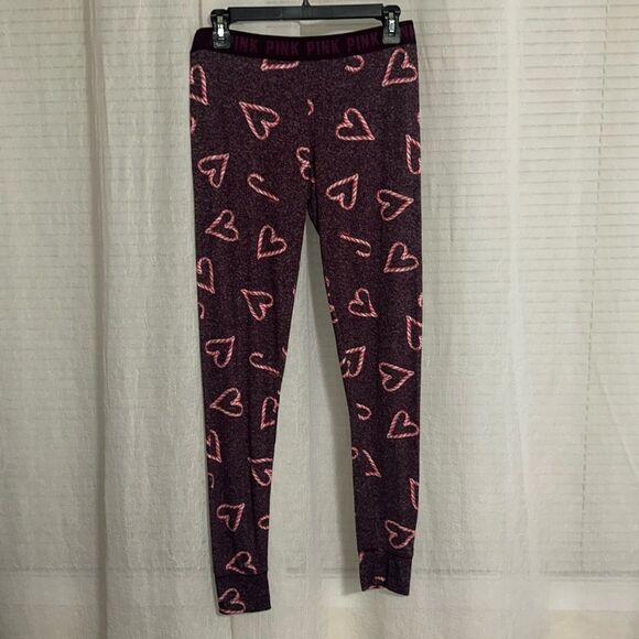 PINK S Burgundy White Red Candy Cane Hearts Print Fine Knit Jogger PJ Bottom - Picture 1 of 7